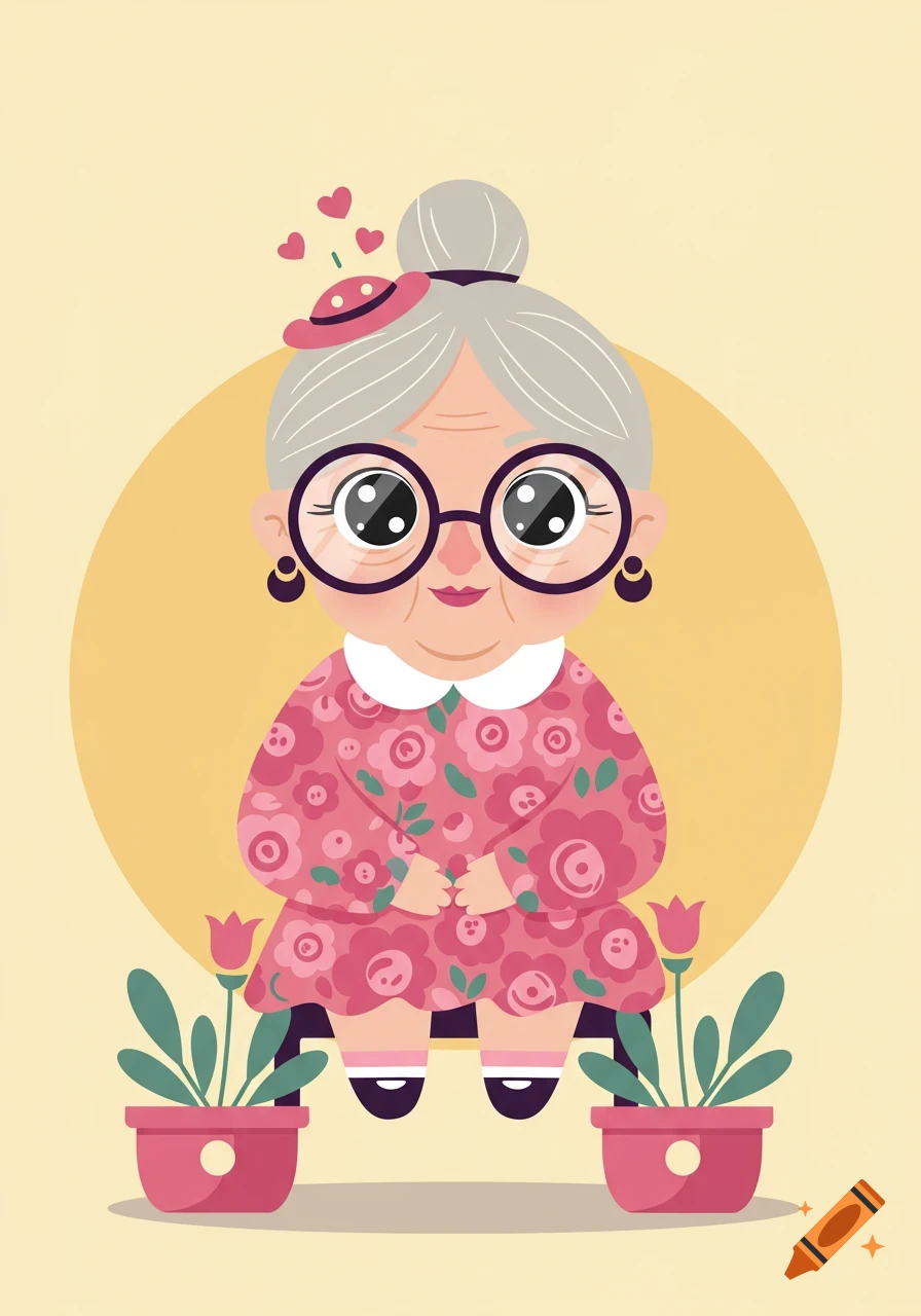 Cute cartoon illustration of an old lady with glasses and a pink floral dress, sitting between two potted tulips.
