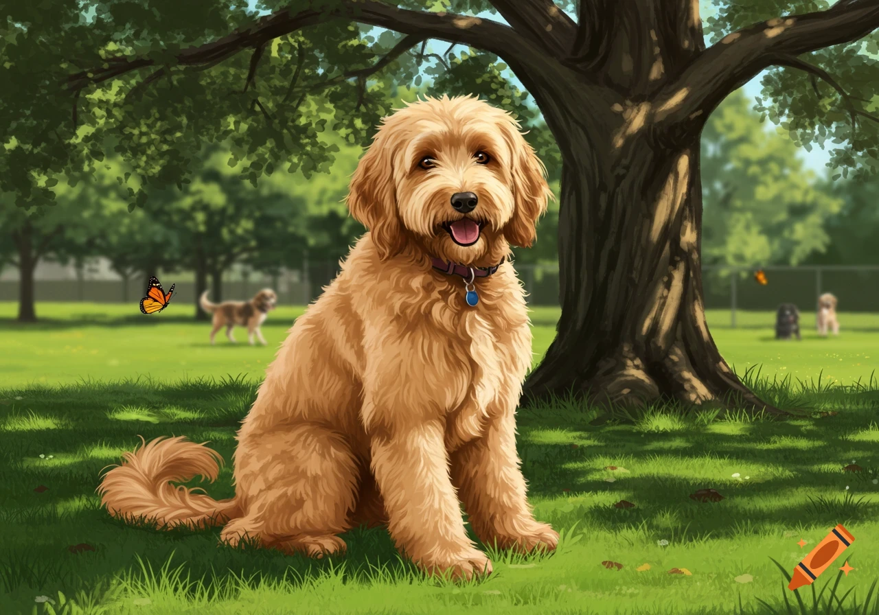 A fluffy golden doodle dog sits on green grass next to a tree in a sunny dog park, with other dogs in the blurry background. Digital art style.