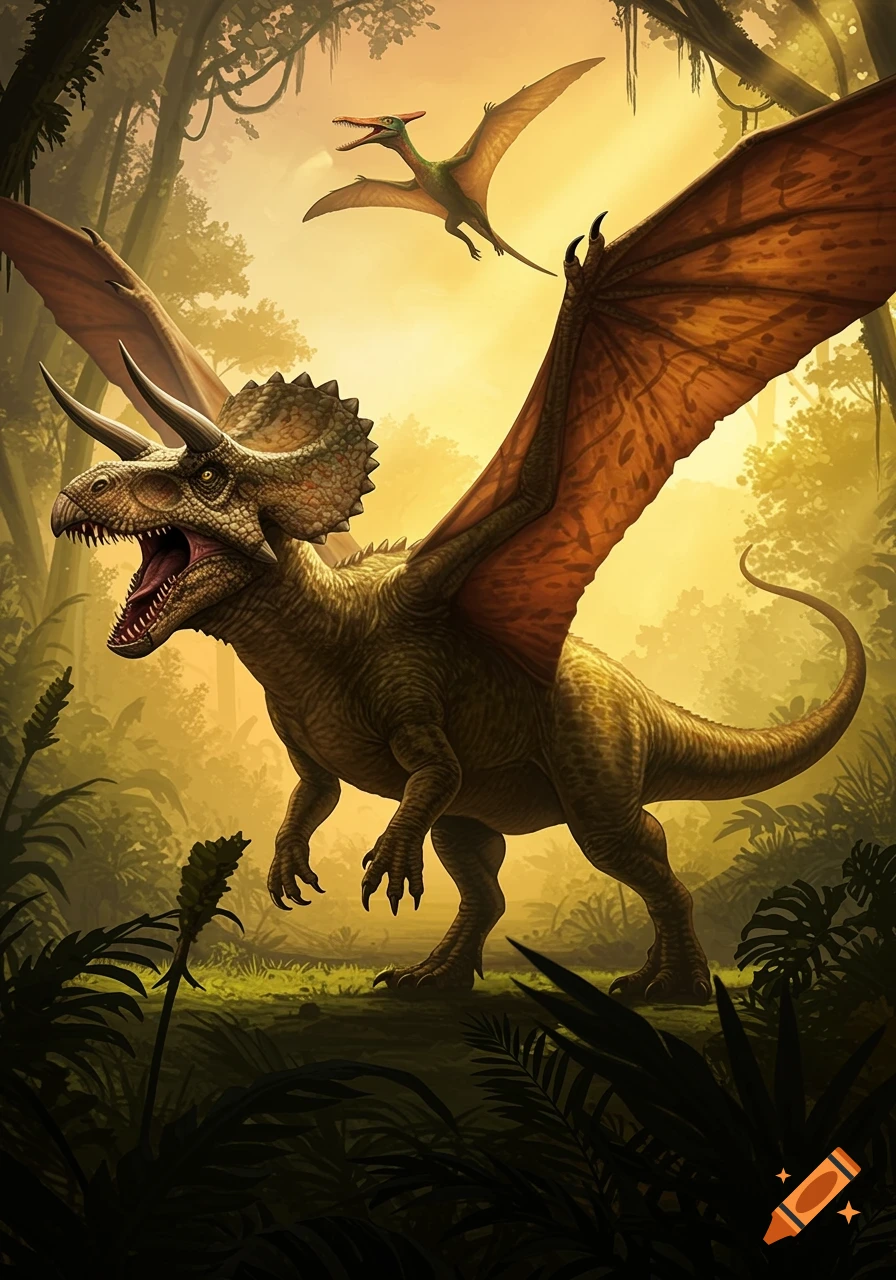 A winged dinosaur with Triceratops features roars in a lush jungle with another flying dinosaur against a bright, hazy sky.