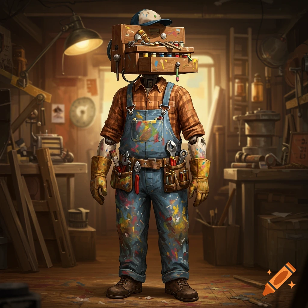 A humanoid figure with a toolbox for a head, wearing paint-splattered overalls, a toolbelt, gloves, and a cap, stands in a workshop.