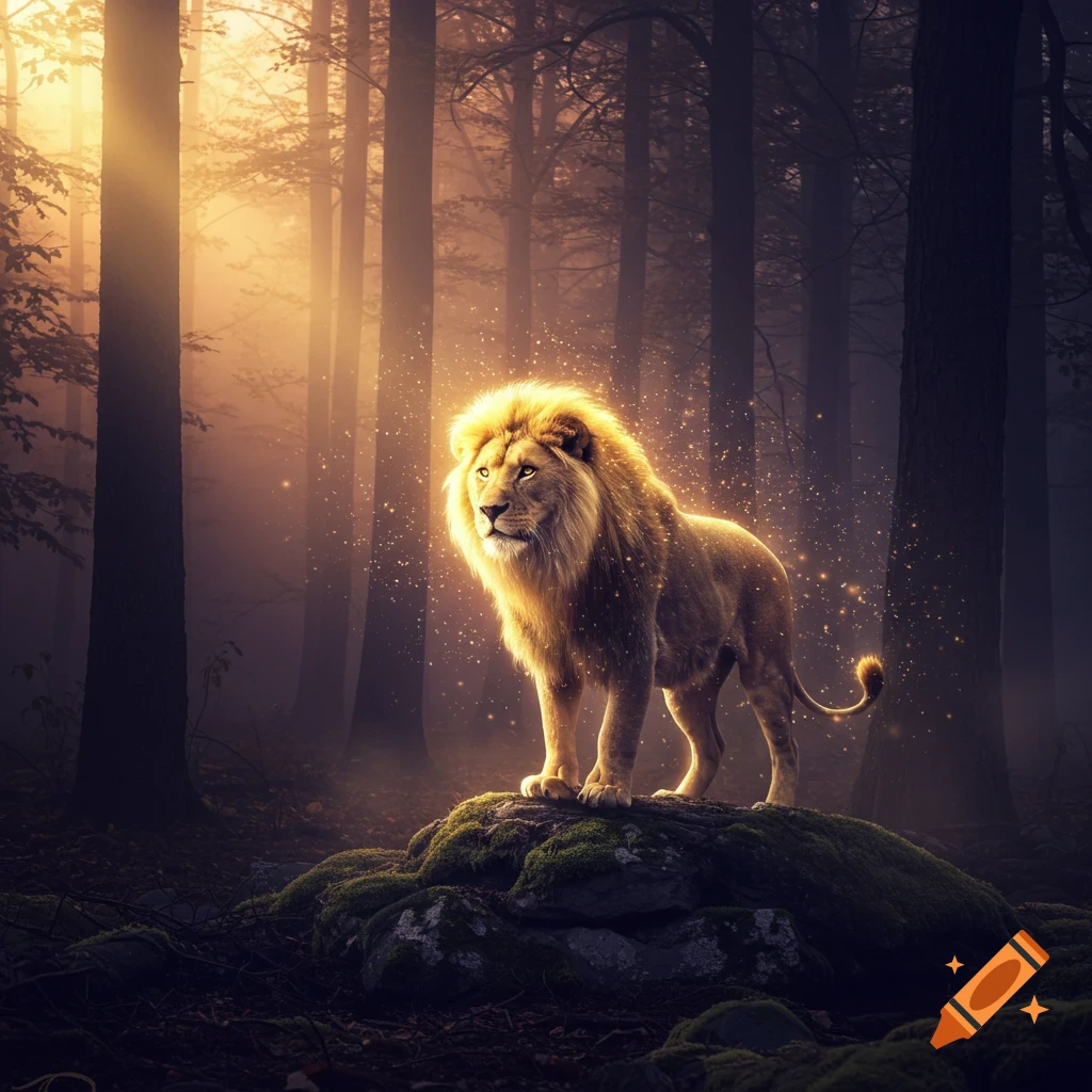 A majestic golden lion stands glowing on a mossy rock in a dark, mystical forest with light filtering through trees.