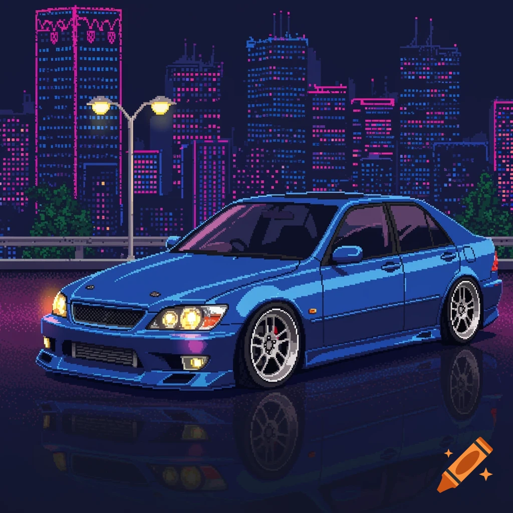A blue modified Lexus IS200 in 16-bit pixel art style, parked at night with a vibrant city skyline and reflections.