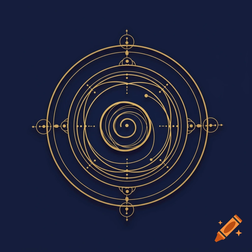 A golden geometric emblem featuring concentric circles and a central spiral on a deep blue background.