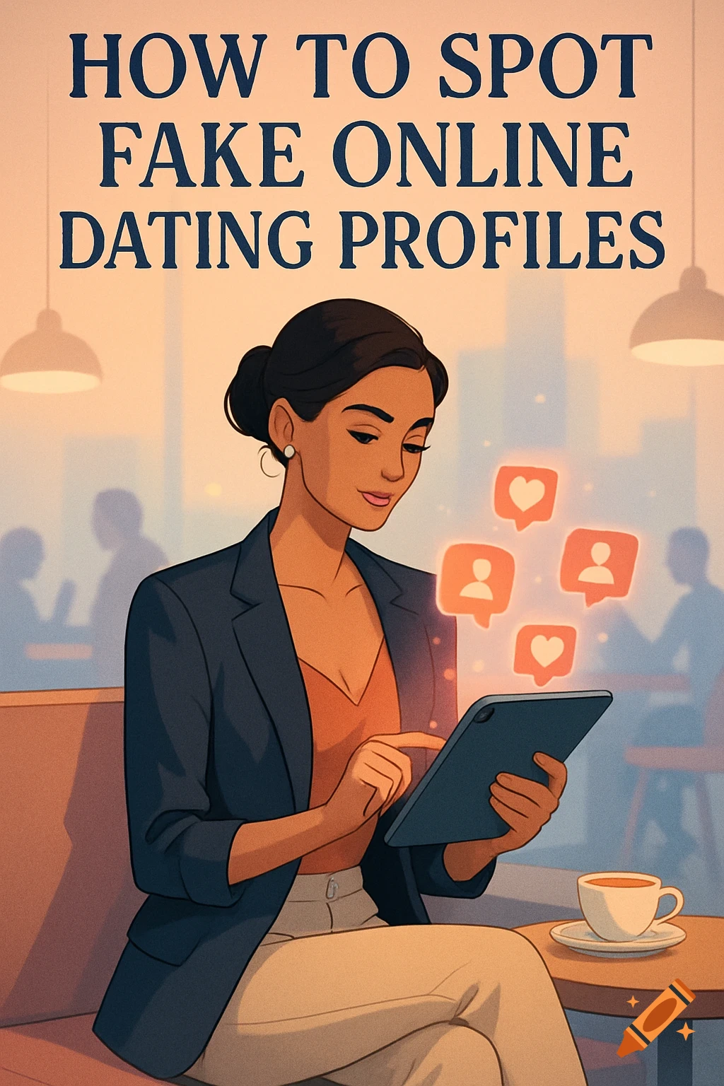 Illustrated woman looking at a tablet with online dating app icons. Text reads 'HOW TO SPOT FAKE ONLINE DATING PROFILES'.