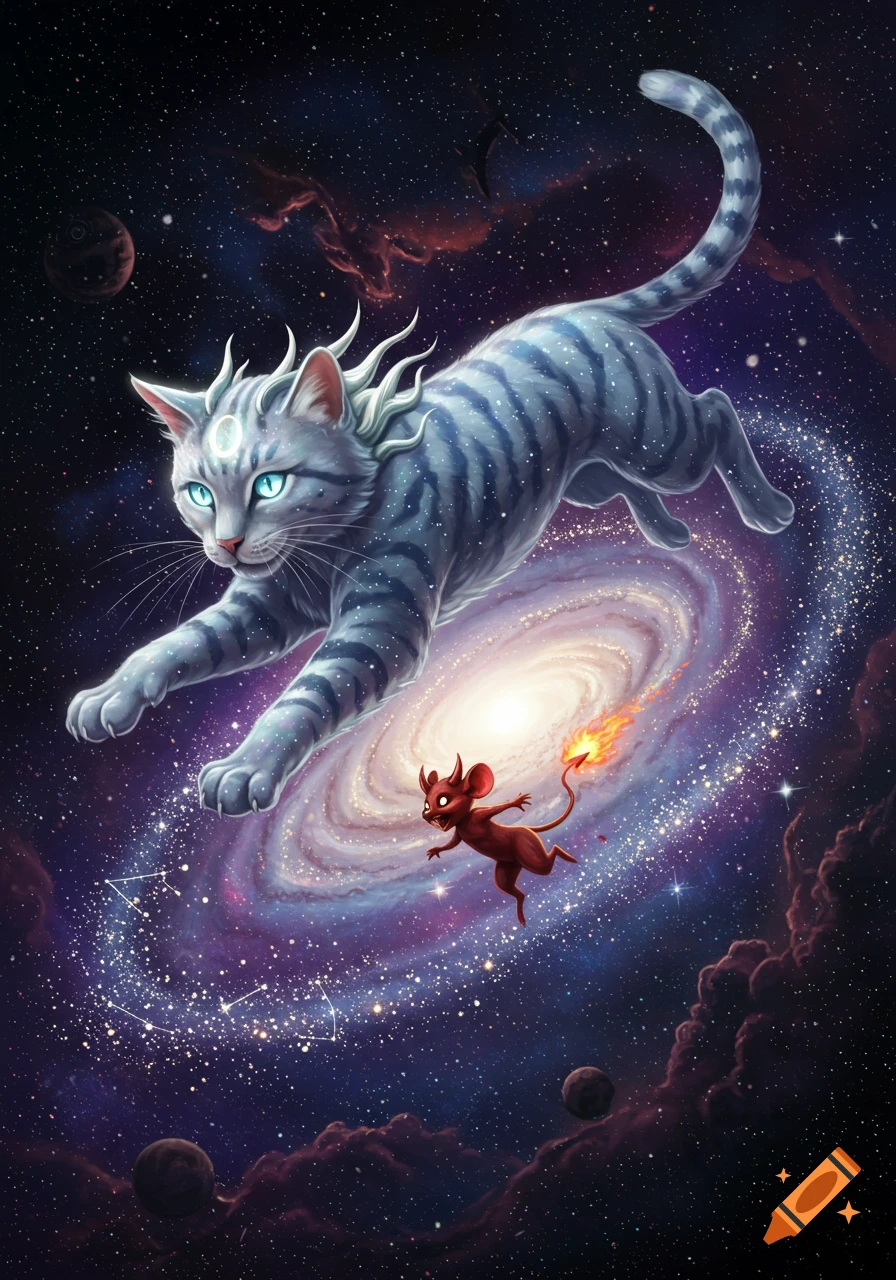 A stylized blue-striped cat with glowing eyes and wispy hair chases a red, fiery-tailed mouse through a vibrant spiral galaxy with stars and planets.