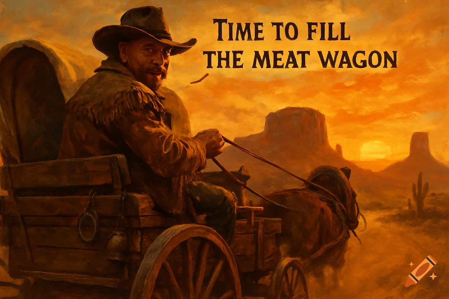 A cowboy drives a covered wagon and horse through a desert at sunset, with text that reads 'TIME TO FILL THE MEAT WAGON'.
