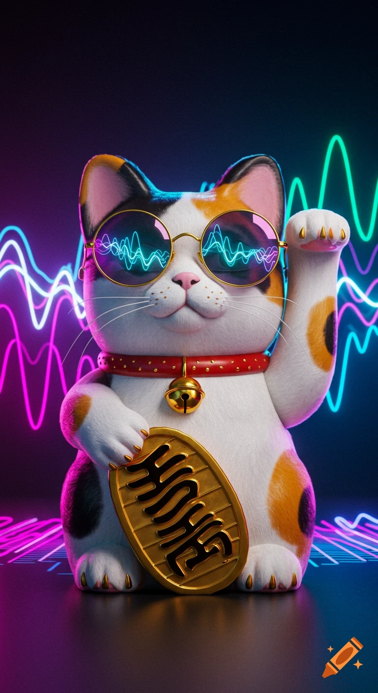A stylized Maneki-neko lucky cat figure with calico fur, wearing round sunglasses reflecting neon waves, a red collar with a gold bell, holding a gold lucky coin, against a dark background with vibrant neon sine waves.