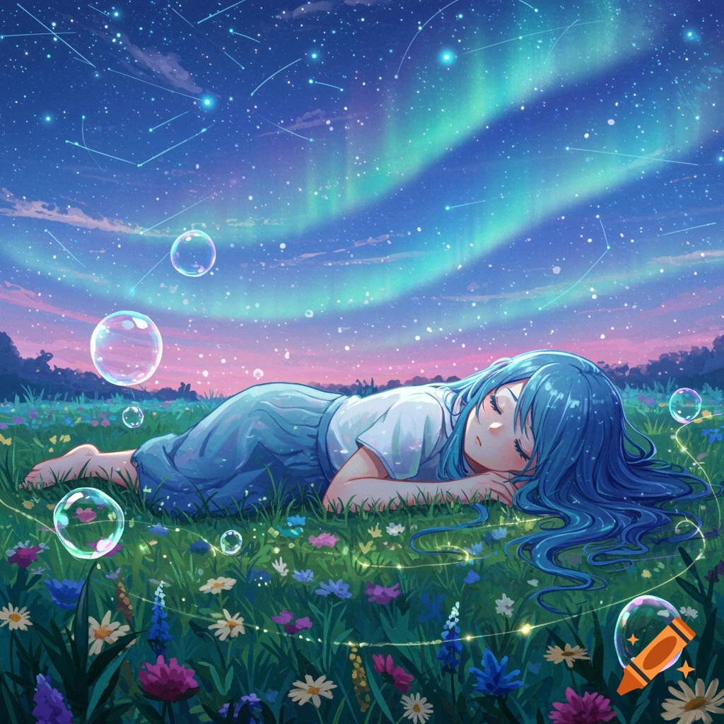 An anime girl with blue hair sleeps peacefully in a field of colorful flowers under a starry night sky with aurora and bubbles.