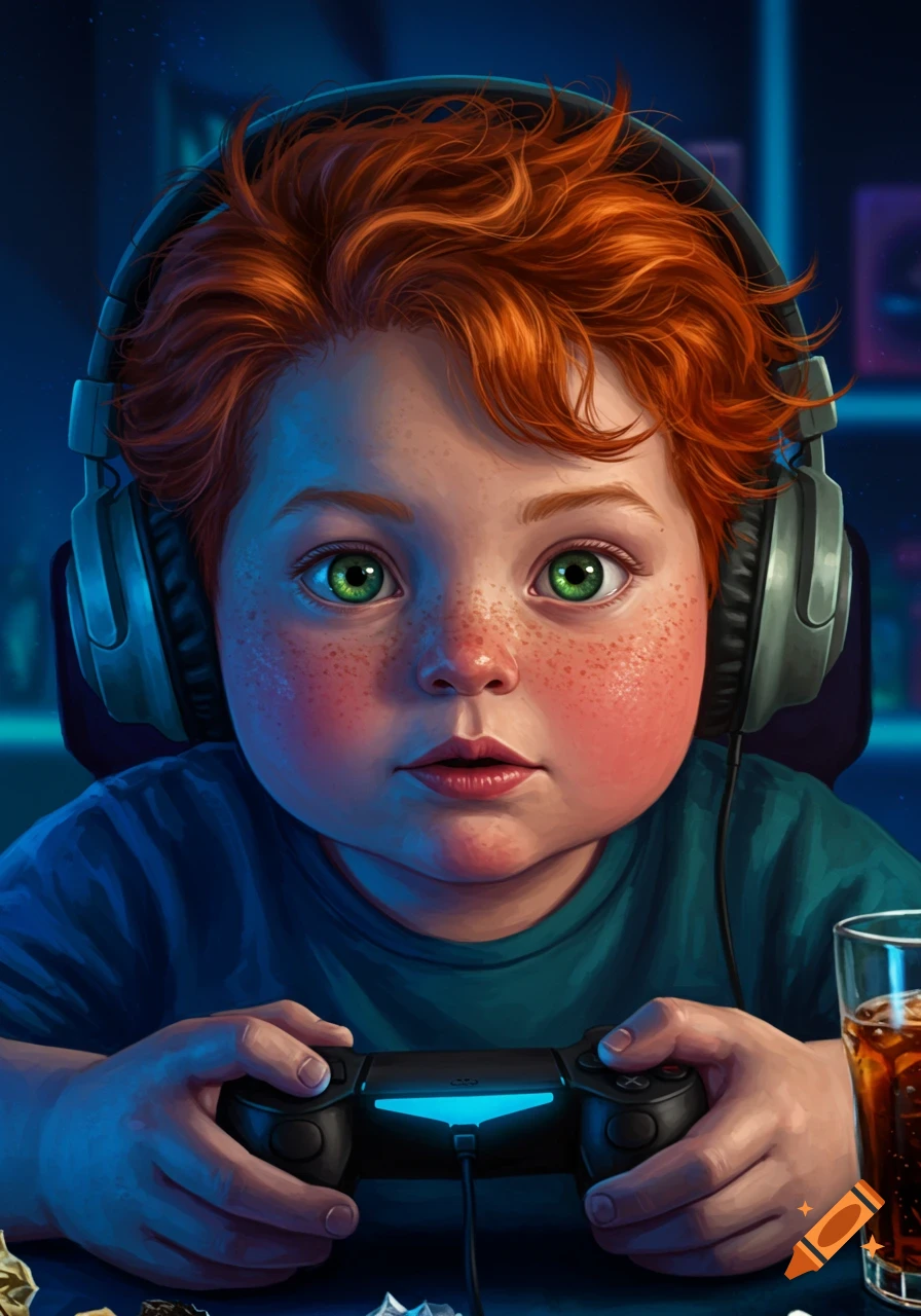 A realistic portrait of a young redhead child with headphones playing video games, holding a glowing controller.