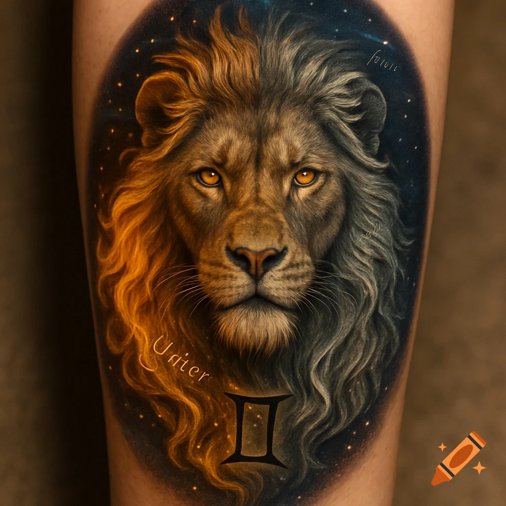 A hyper-realistic tattoo on skin shows a lion's head with a golden fiery mane on one side and a grey mane on the other. The Gemini symbol and the word "Unter" are visible in the mane, set against a cosmic background with stars.