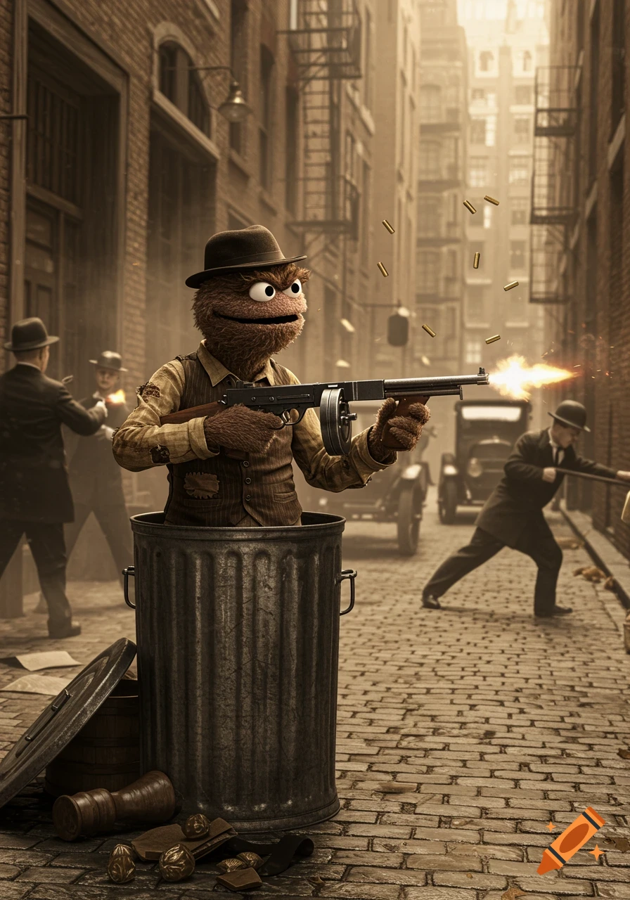 Photorealistic Oscar the Grouch wearing a fedora, emerging from a trashcan, firing a tommy gun at men in a 1920s city alley.