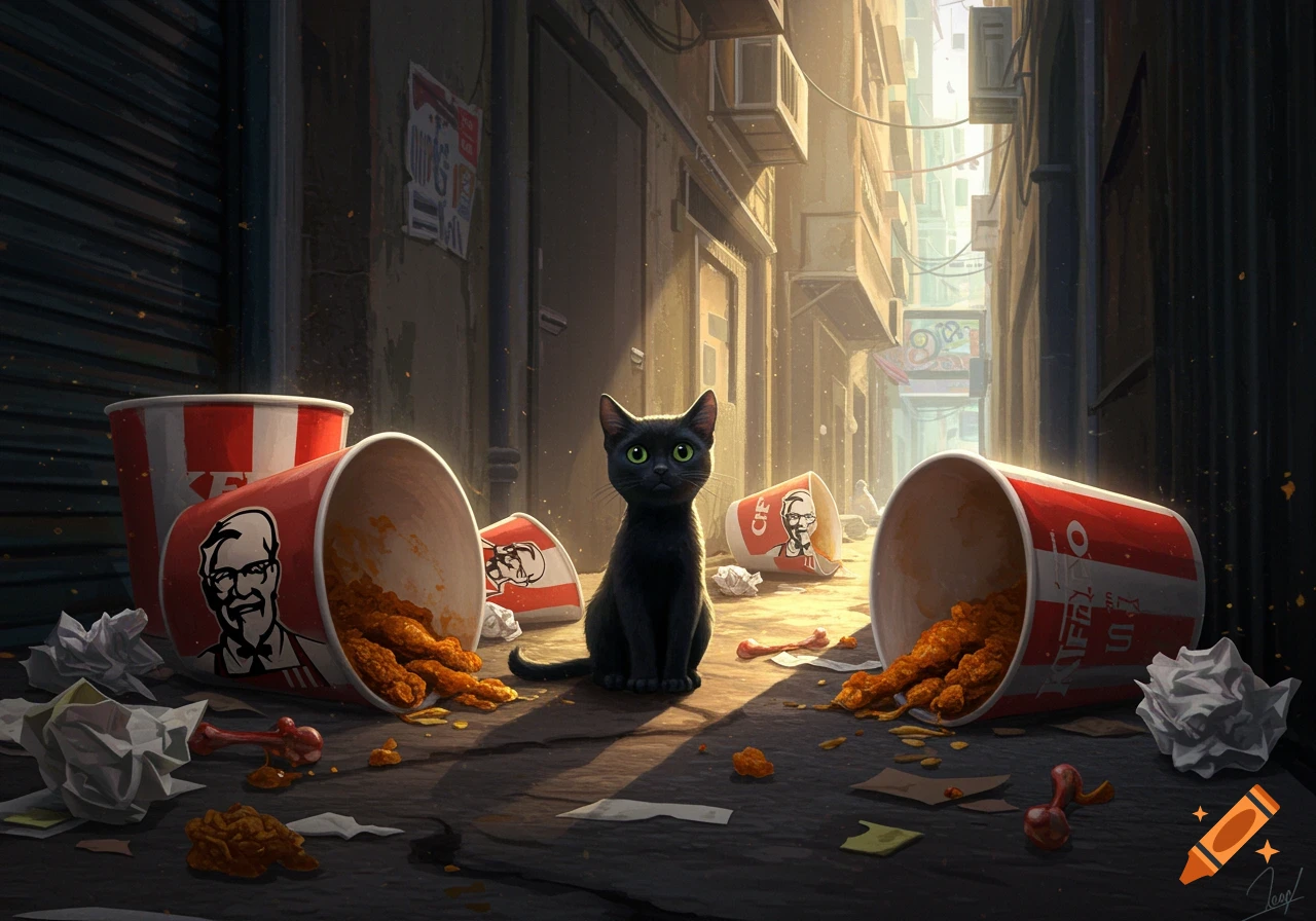A black cat sits in a dirty alley among spilled KFC buckets, fried chicken, and crumpled trash. Sunlight illuminates the scene.