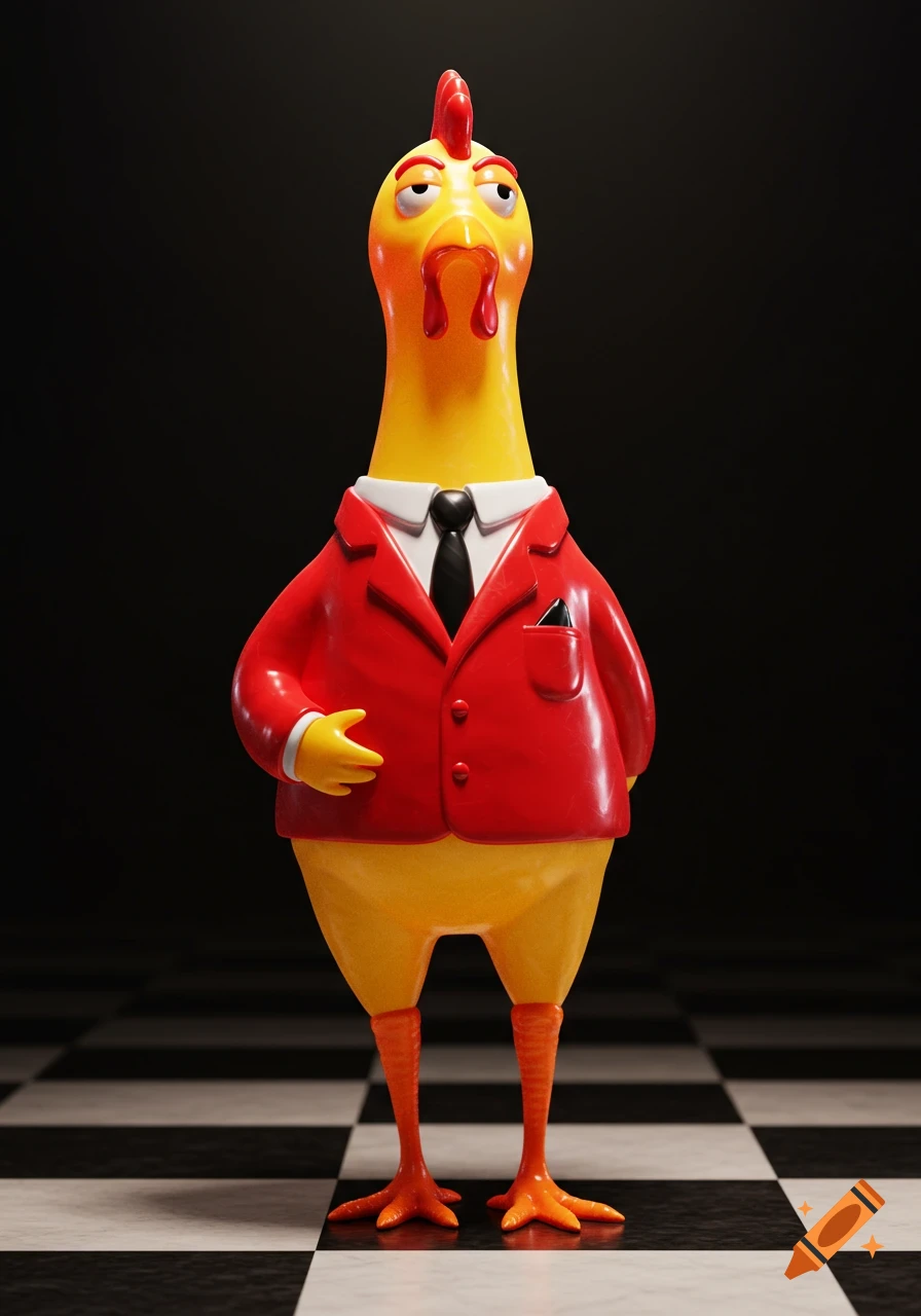 A photorealistic rubber chicken wearing a red suit and black tie, standing on a checkered floor.