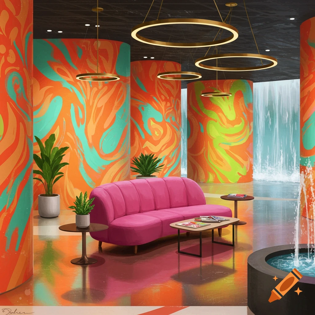 Vibrant modern waiting room with a pink sofa, abstract orange and teal wall murals, lush green plants, and indoor water features.