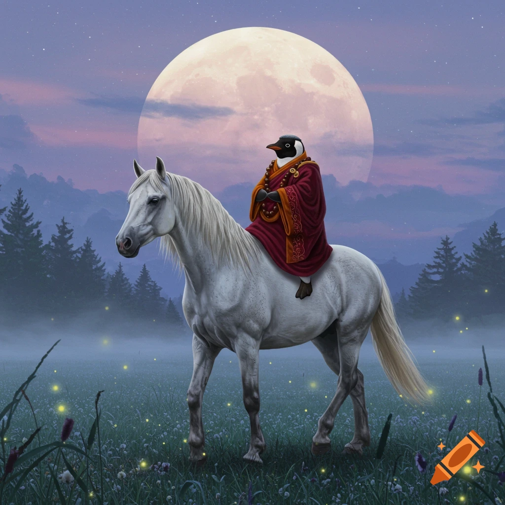 A penguin monk wearing red robes and prayer beads rides a white horse through a misty, moonlit field with fireflies.
