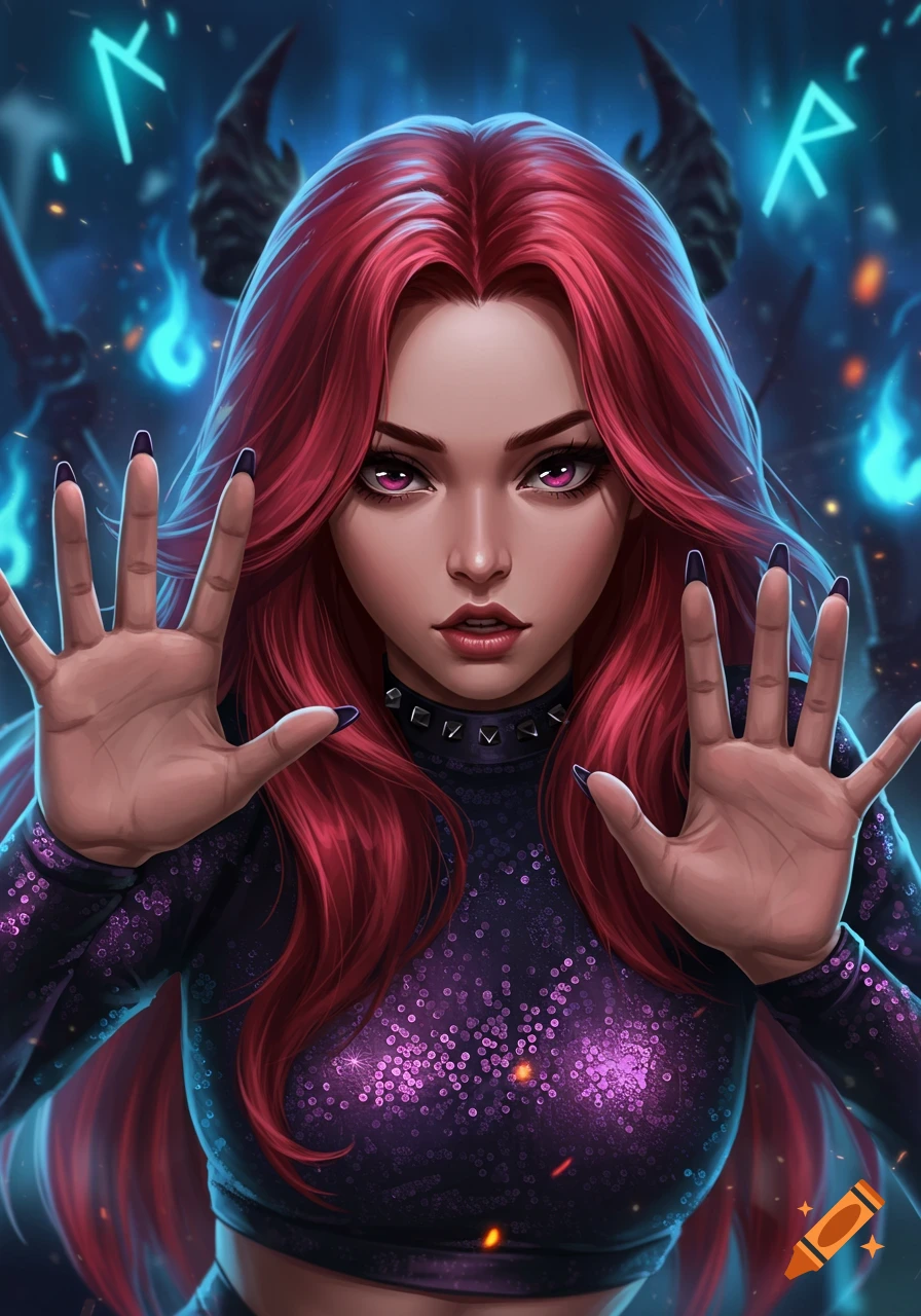 A digital painting of a red-haired woman with glowing purple eyes, hands pressed against glass, with dark blue glowing runes and demon horns in the background.