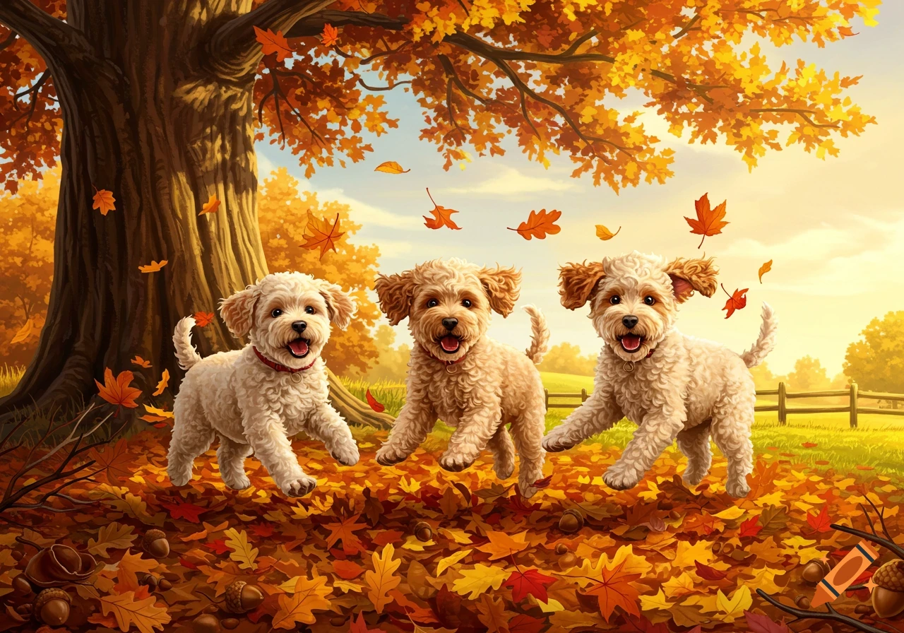 Three cute Labradoodle puppies play happily, running through a vibrant pile of autumn leaves under a large tree.