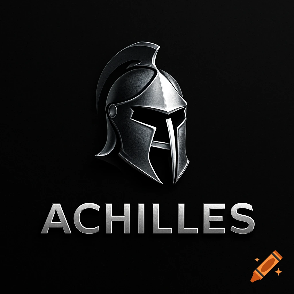 A metallic medieval knight helmet logo with the word 'ACHILLES' below it on a black background.
