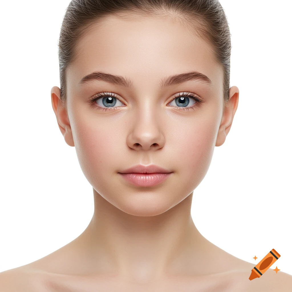 Close-up photorealistic portrait of a young girl with blue eyes and light brown hair pulled back, on a white background.