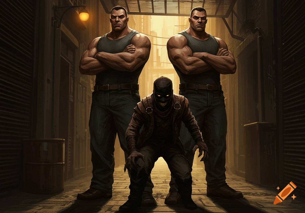 Two muscular men stand in a dark alley, with a crouching, masked figure with glowing eyes and sharp claws in front.