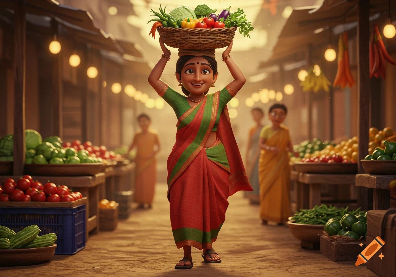 A smiling 3D animated woman in a red and green saree carries a basket of vegetables on her head, walking through a vibrant Indian market.