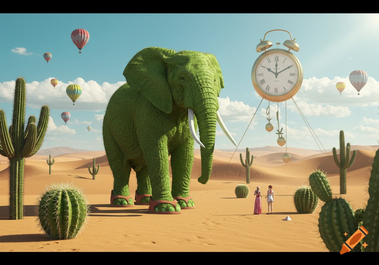 A surreal digital artwork depicts a giant elephant covered in green cactus texture and wearing sandals, standing in a vast desert landscape with numerous cacti, a large floating antique clock, and several hot air balloons in the sky.
