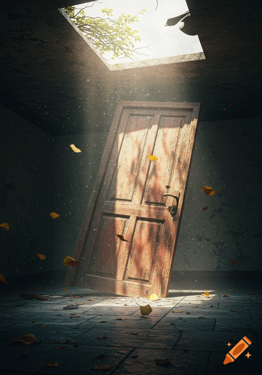 A weathered wooden door leans on a stone floor in a dark room, lit by a bright ray from an overhead skylight with tree branches and falling leaves.