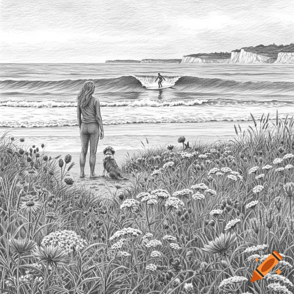 A monochrome pencil sketch of a woman and her dog watching a surfer on a beach, surrounded by wildflowers.