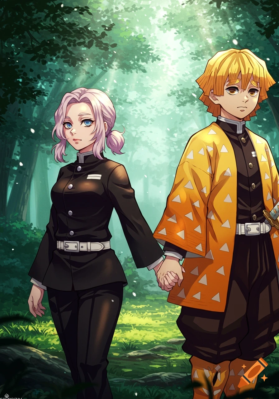 A female character with light purple hair and a black uniform holds hands with Zenitsu Agatsuma from Demon Slayer in a lush green forest.