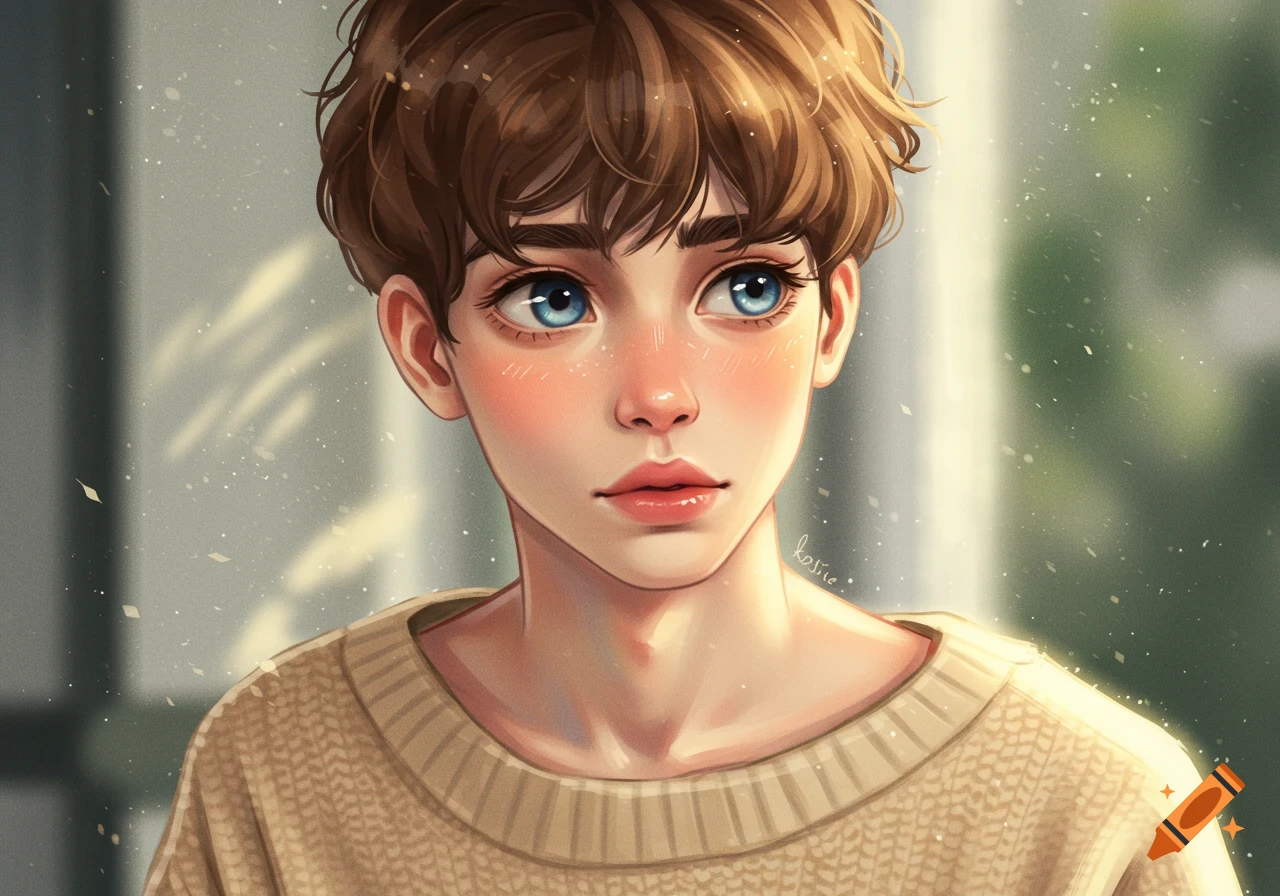 A stylized illustration of a young person with short brown hair, large blue eyes, and rosy cheeks, wearing a beige sweater, looking left.