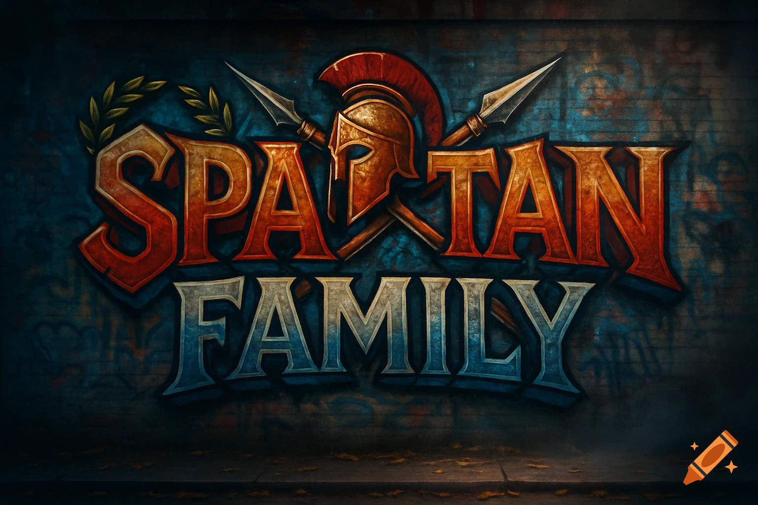The words 'SPARTAN FAMILY' in red and blue bold, stylized graffiti font, with a Spartan helmet and spears.