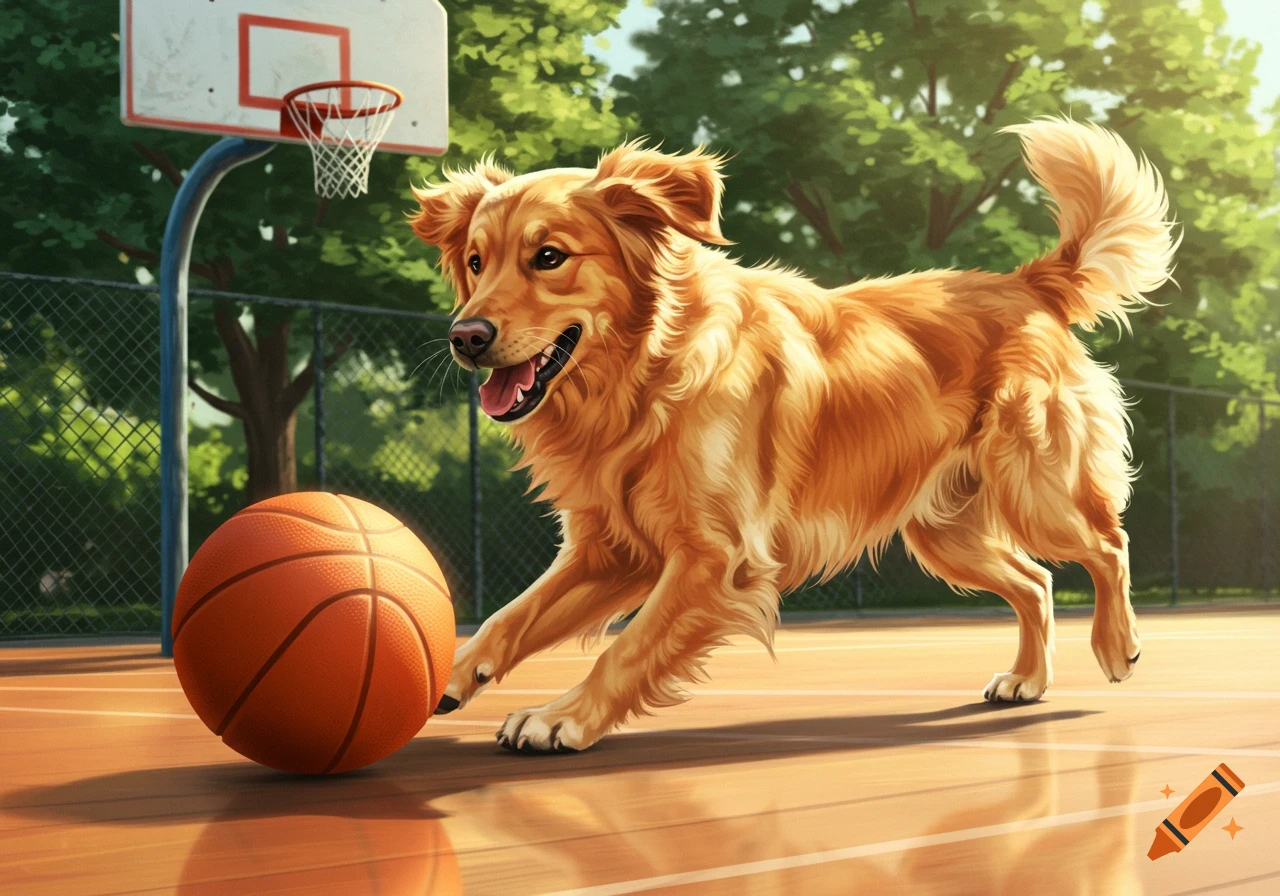 A golden retriever playing basketball on an outdoor court with a hoop in the background, illustrated in a vibrant style.