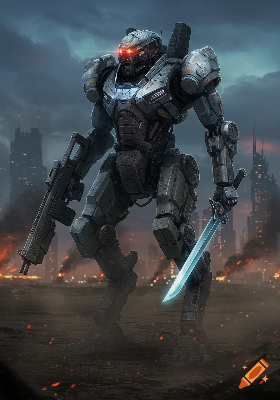 A detailed sci-fi illustration of a large grey combat mech with glowing red eyes, holding a rifle and a glowing sword in a ruined city.