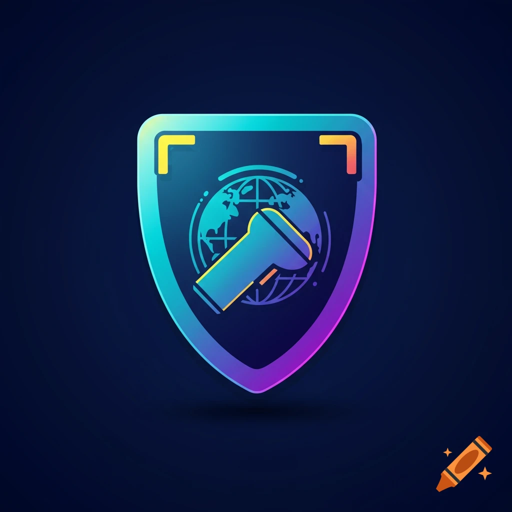 A futuristic 2D vector logo featuring a scanner and a globe inside a shield, with teal, purple, and yellow gradients on a navy background.