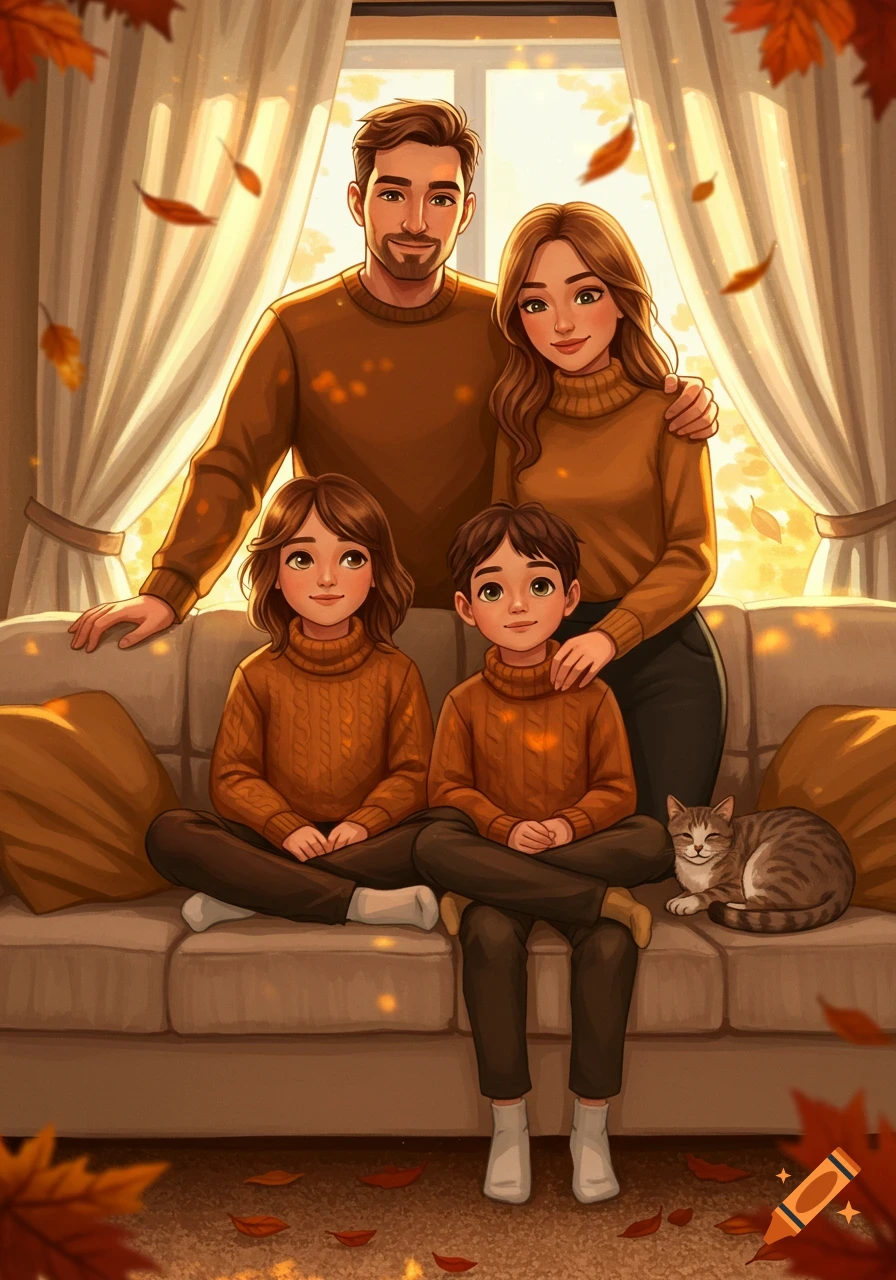 An illustrated family of four and a cat on a couch, wearing warm sweaters, with autumn leaves outside a window.