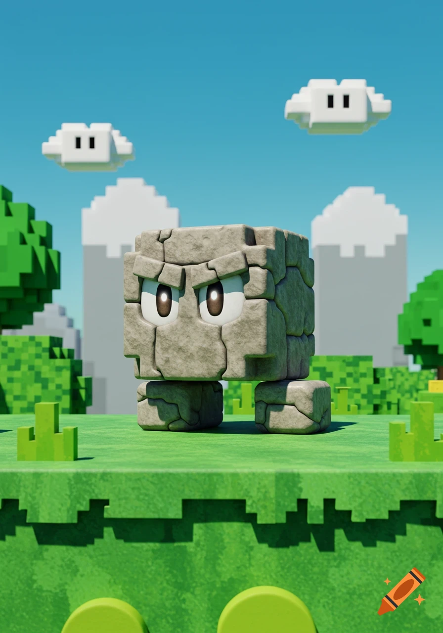 A 3D rendered pixel art scene featuring a stone block enemy with an angry face in a Super Mario-style landscape.
