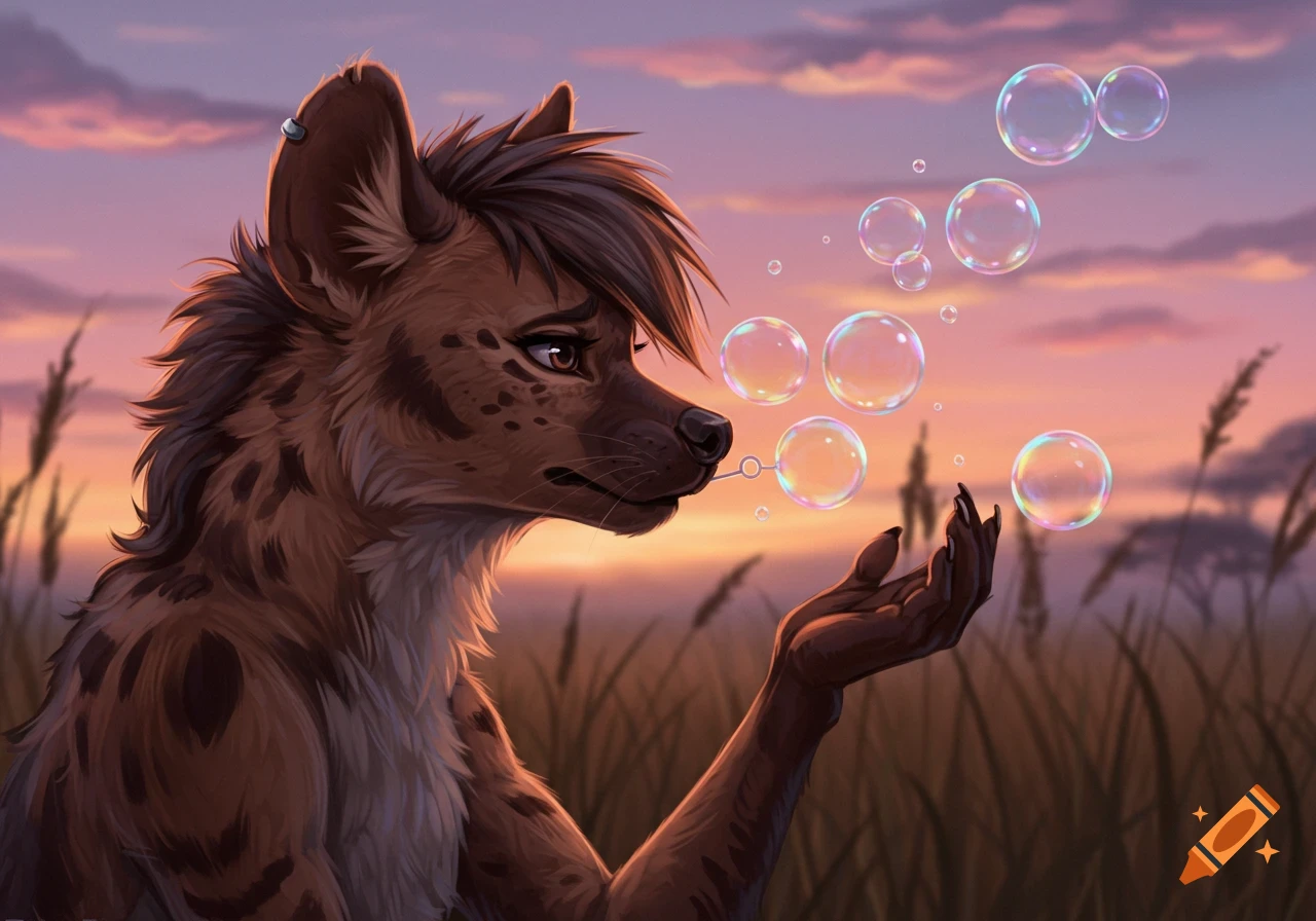 A furry art style anthropomorphic hyena with a concerned expression blowing bubbles in a savanna at sunset.