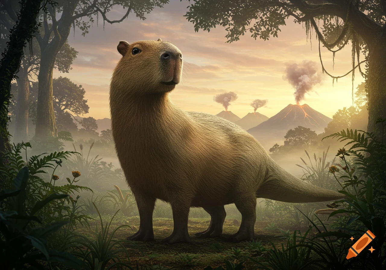 A capybara-dinosaur hybrid stands in a misty prehistoric jungle at sunset with erupting volcanoes.