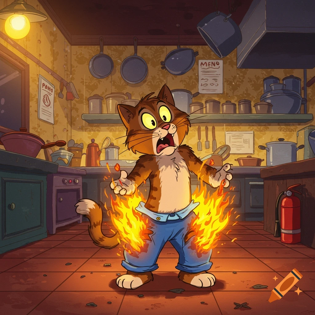 A cartoon tomcat in blue pants screams in panic as flames erupt from his legs in a messy kitchen.