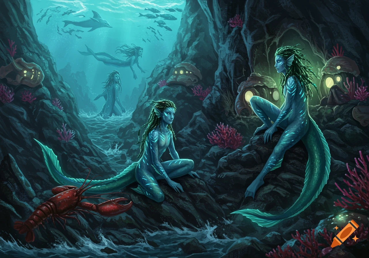 Several blue-skinned, green-haired mermaids with bioluminescent markings in an underwater cave with a lobster, coral, and glowing structures. Dolphins and fish swim above.