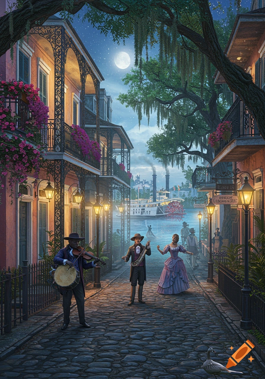A detailed illustration of a bustling New Orleans street at night, with musicians performing on cobblestones, historic buildings with balconies, and a steamboat on the river under a full moon.