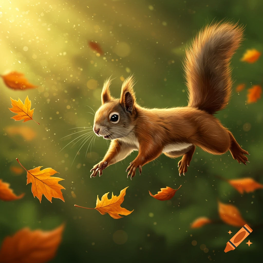 A fluffy brown squirrel leaps in mid-air surrounded by falling orange autumn leaves against a bright green and yellow background.