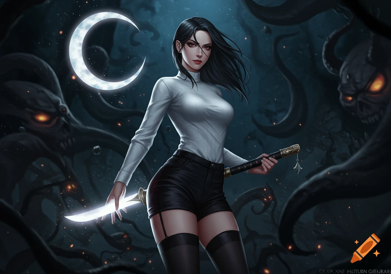 A fierce female demon hunter with dark hair in a white sweater and black shorts, holding a glowing crescent moon blade against a dark, mystical background with shadowy demons and a crescent moon, in a semi-realistic anime style.