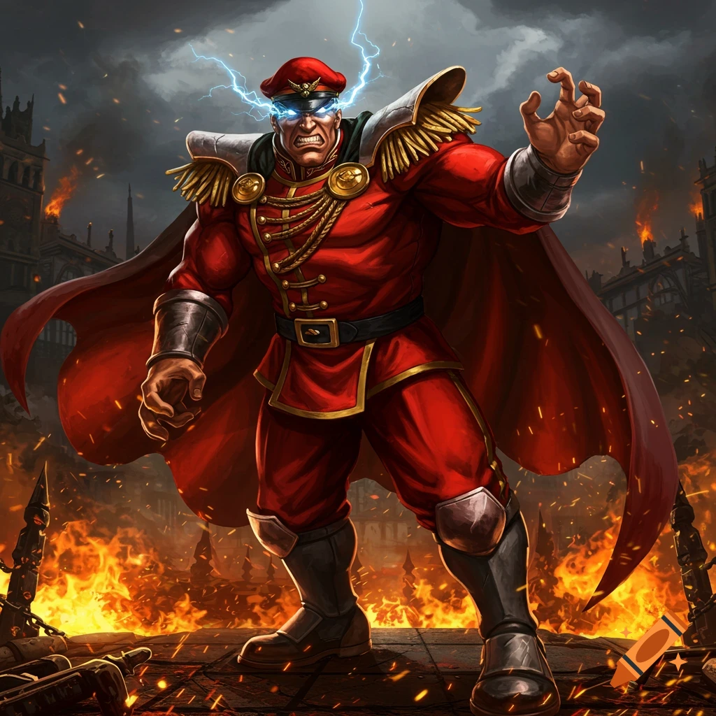 M. Bison in a red uniform and cape, with lightning emanating from his eyes, standing amidst flames and destruction. Digital art.