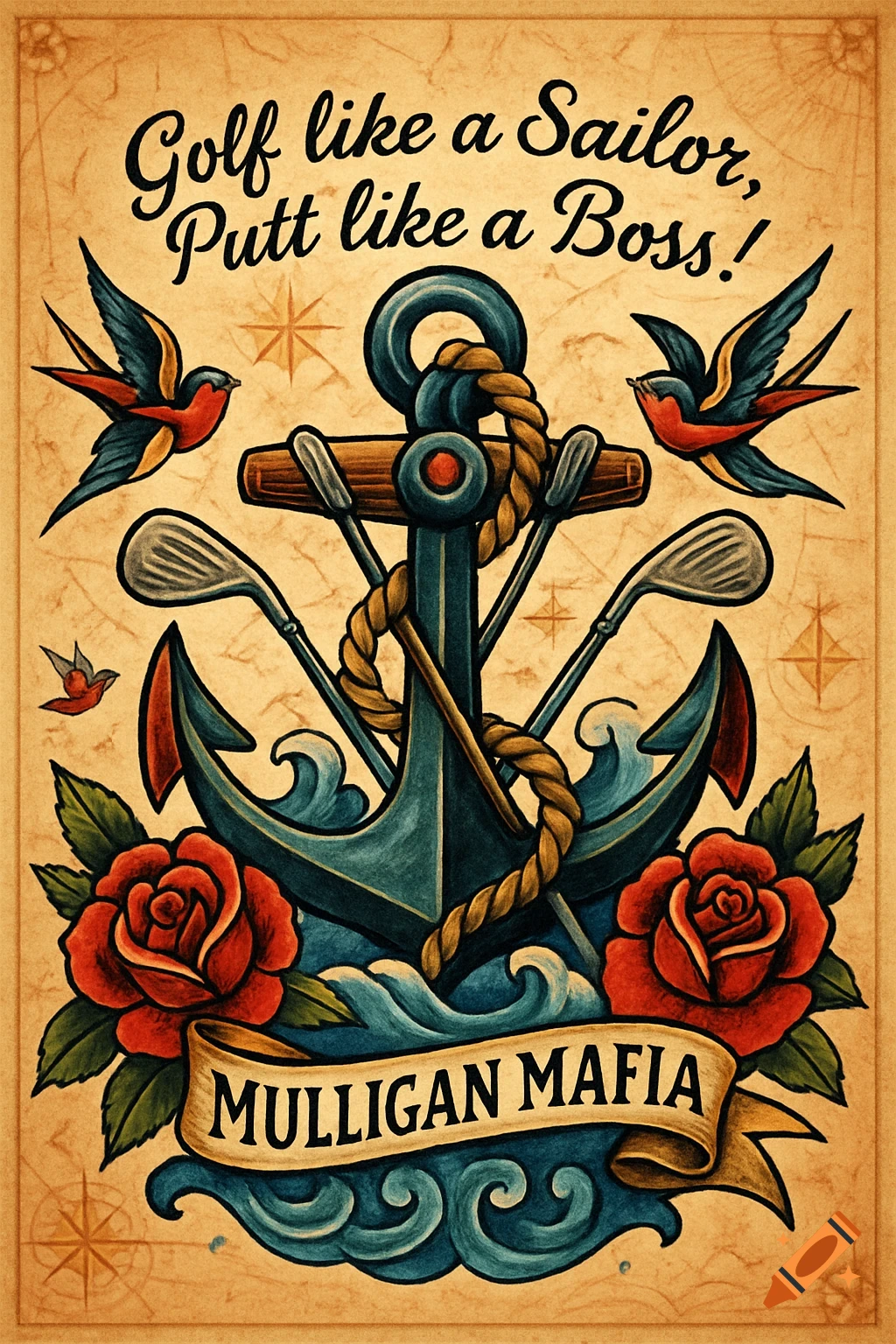 Vintage tattoo art with an anchor, crossed golf clubs, roses, and swallows on aged paper. Text reads 'Golf like a Sailor, Putt like a Boss!' and 'MULLIGAN MAFIA'.