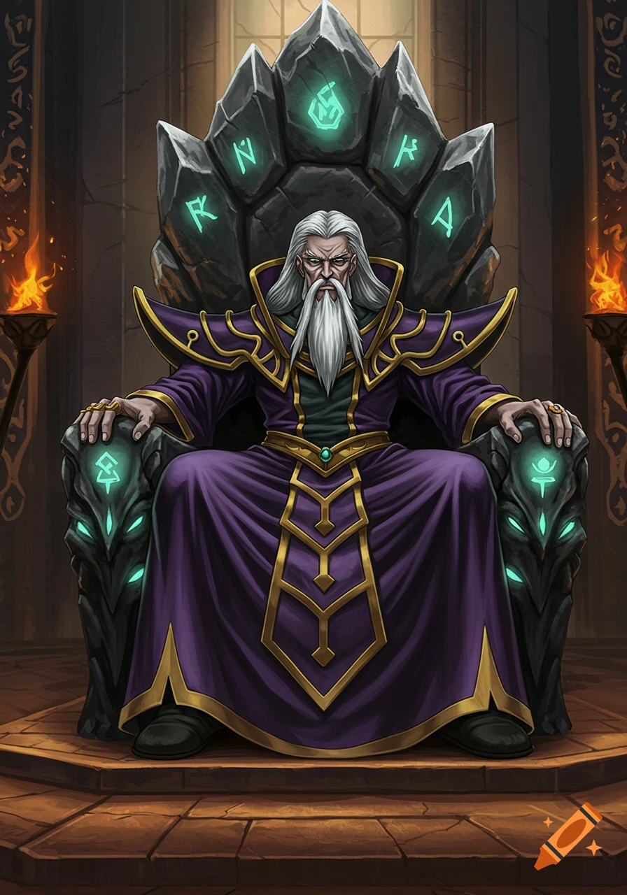 A powerful wizard with a long white beard and purple robes sits on a stone throne adorned with glowing green runes and symbols, in a fantasy illustration style.