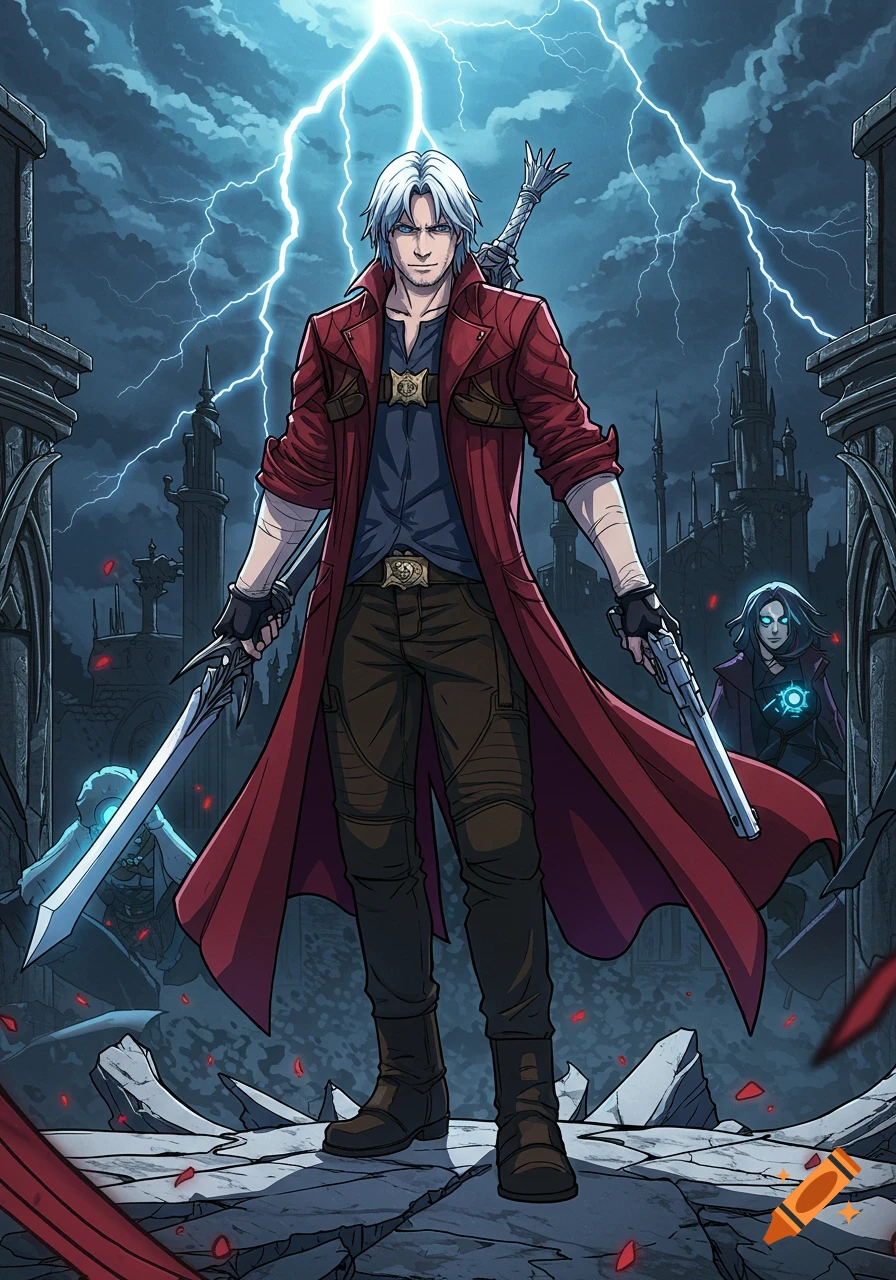 White-haired Dante in a red trench coat holds a sword and gun amidst a stormy, gothic ruin with lightning. Anime style.