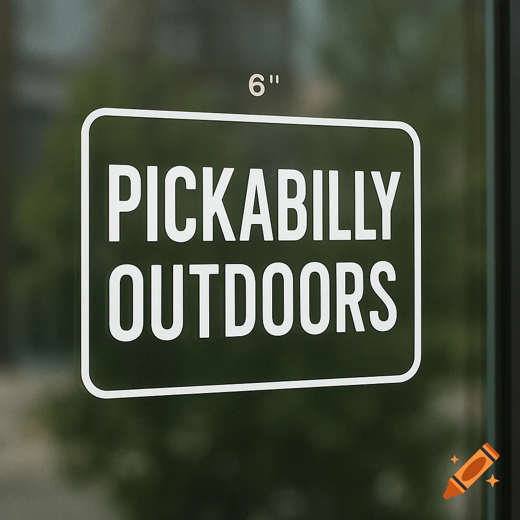 A white-outlined green window decal with 'PICKABILLY OUTDOORS' text and '6 inches' on top, on a blurred background.