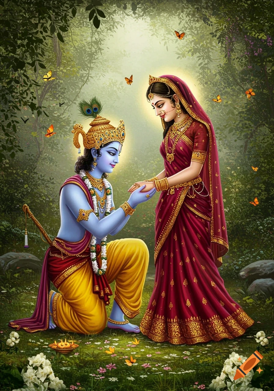 Lord Krishna, with blue skin, kneels before Goddess Radha in a lush, green forest with butterflies, holding her hands.