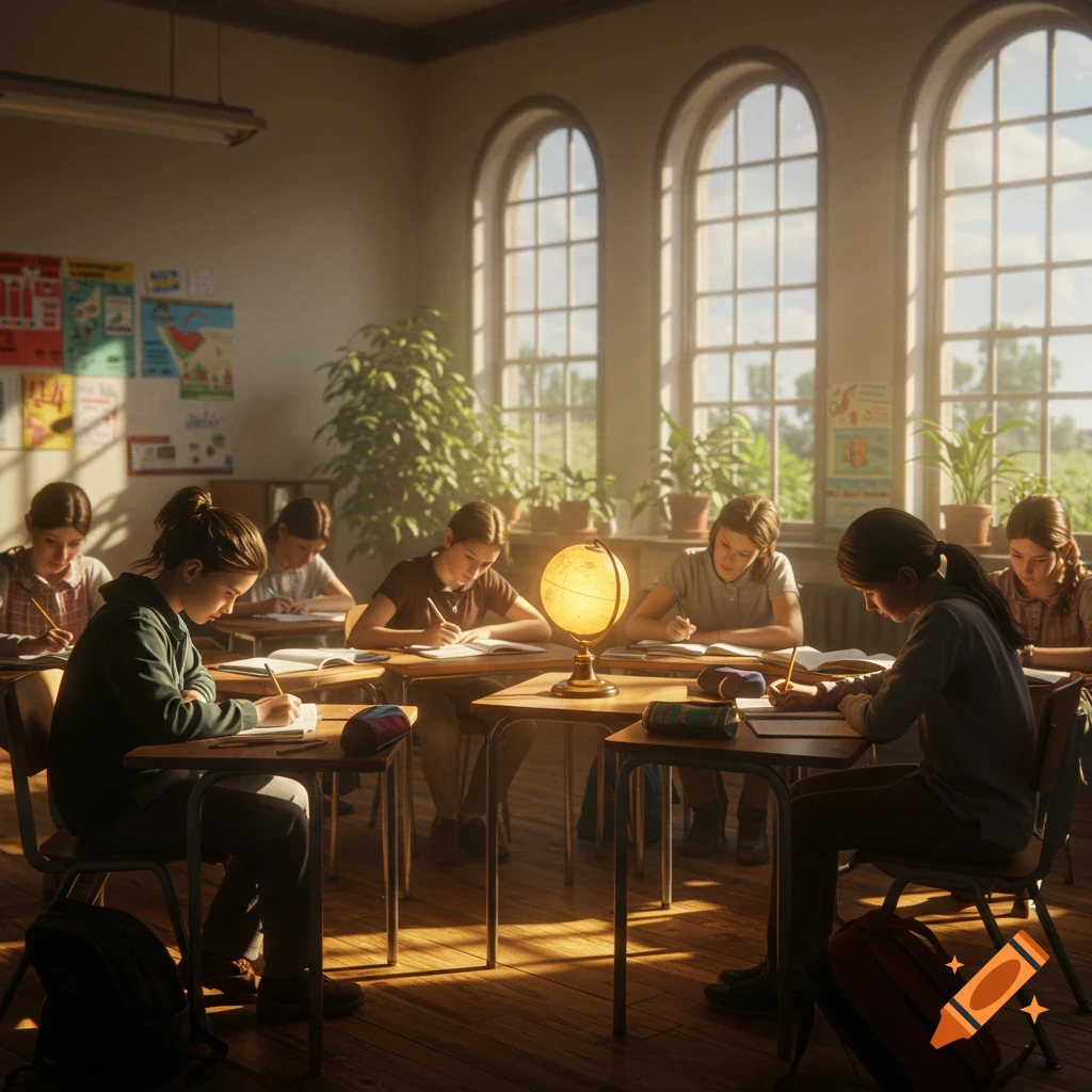 Photorealistic image of students writing at desks in a sunny classroom with large arched windows.